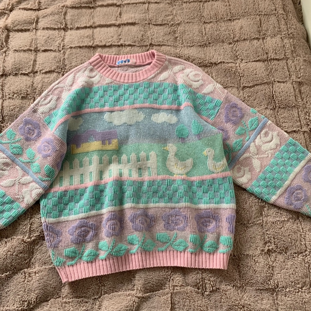 Vintage Rose Duck Knit Sweater Pastel with Sparkles